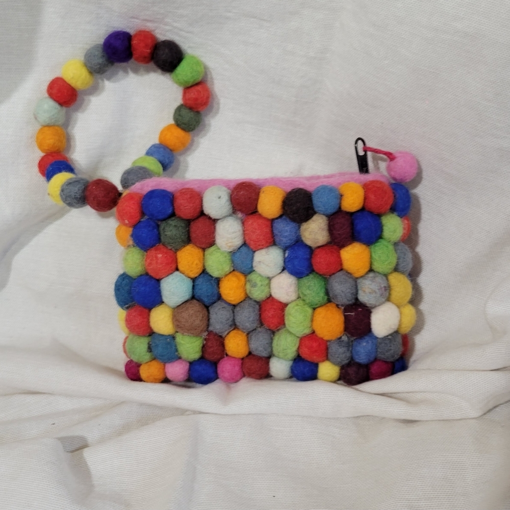 Handmade in Nepal  Felted Multicolor Wool Balls Wristlet